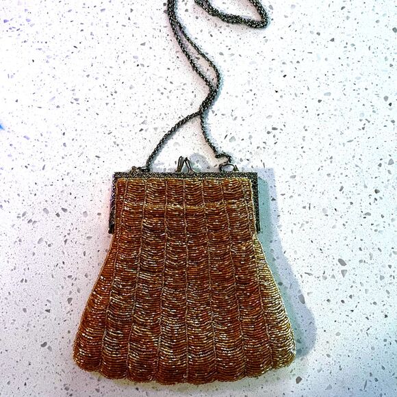 Vintage Beaded Evening Bag Gold Bronze Glass Beads Chain Strap - Picture 2 of 8